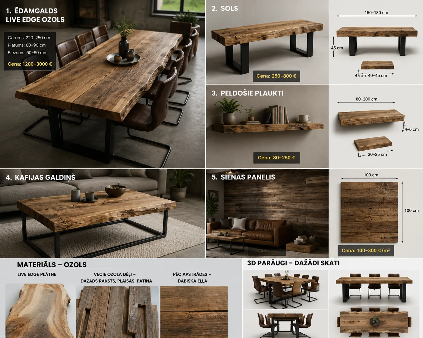 Generated 3D concept board showing tables, benches, shelves, wall panels and furniture ideas.