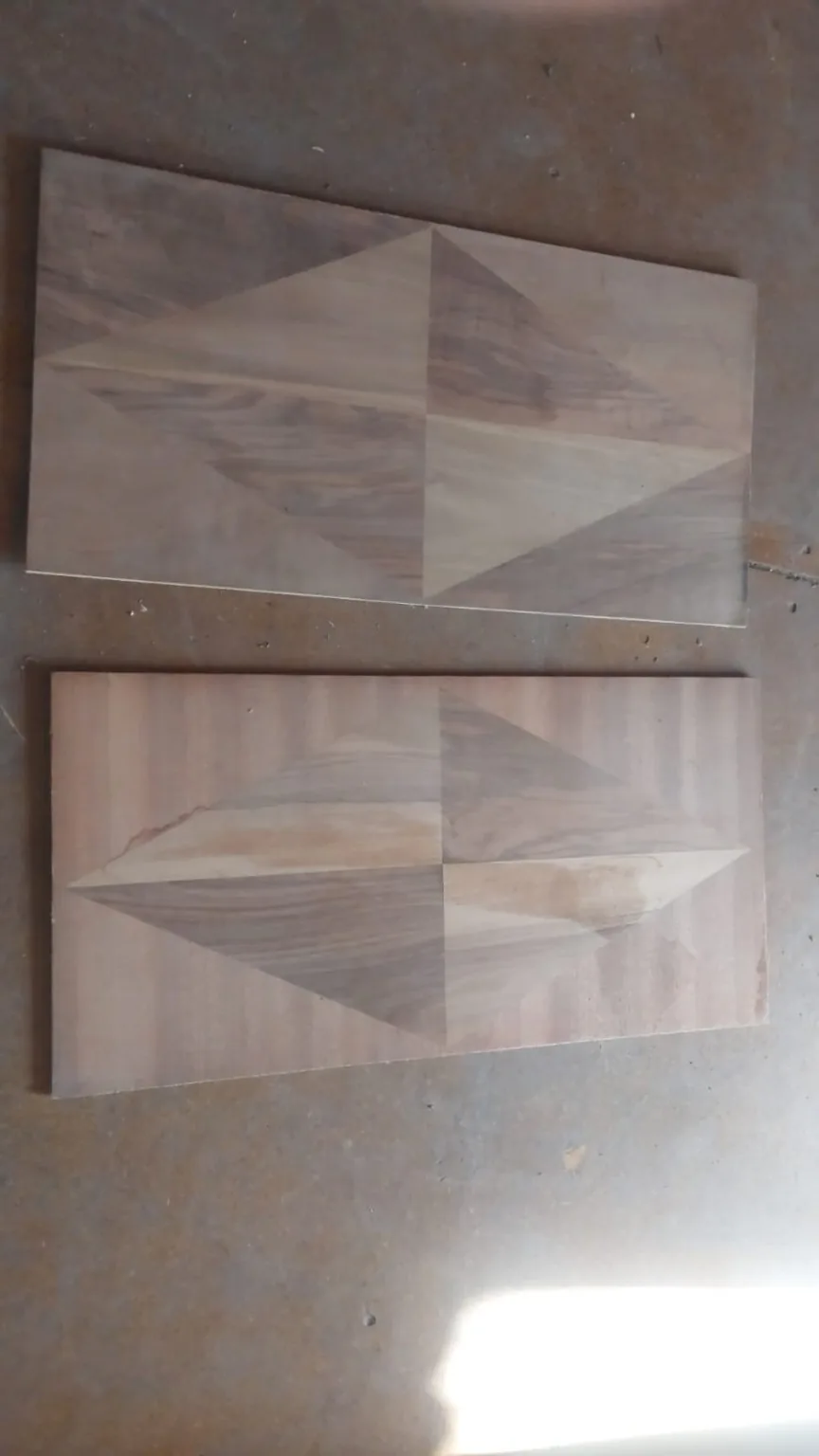 Geometric wood pattern panels mounted on hardboard; good for small products/decor section.